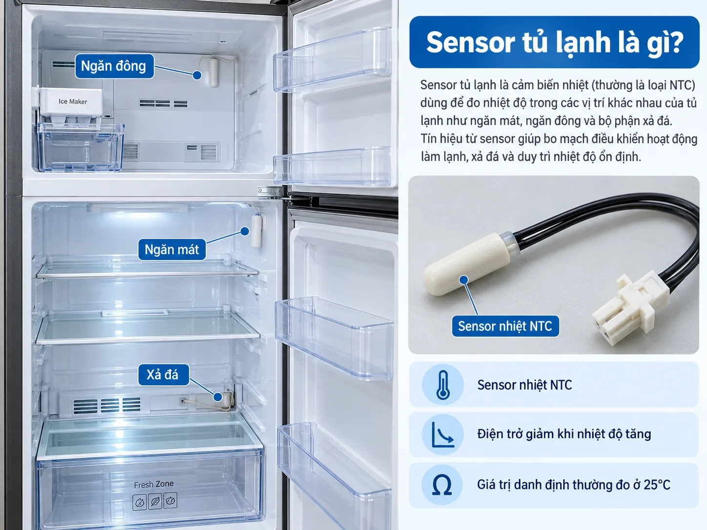 Sensor NTC trong bảng trị số sensor tủ lạnh thay đổi điện trở theo nhiệt độ