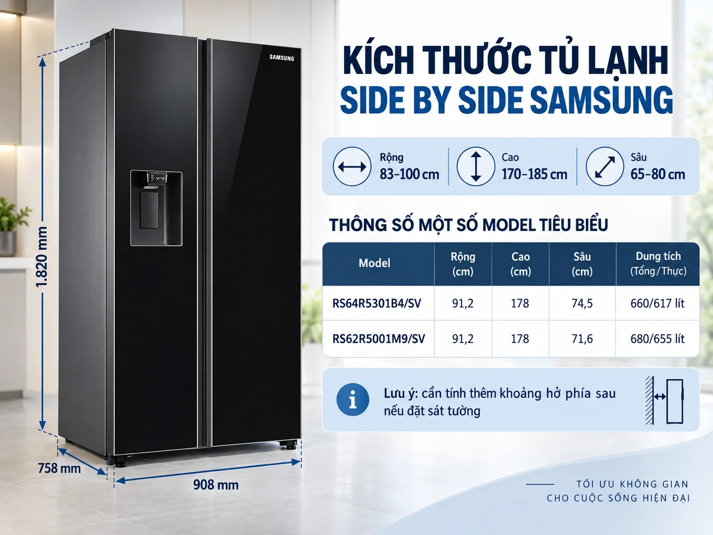 Kích thước tủ lạnh side by side Samsung RS64R5301B4 với chiều rộng 91,2 cm