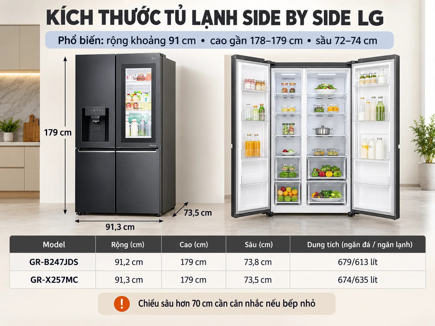 Kích thước tủ lạnh side by side LG GR-B247JDS với thiết kế 2 cánh lớn