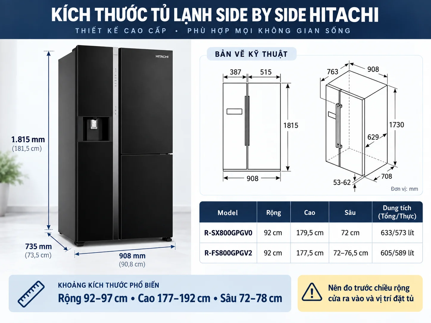 Kích thước tủ lạnh side by side Hitachi R-FS800GPGV2 với chiều sâu lớn