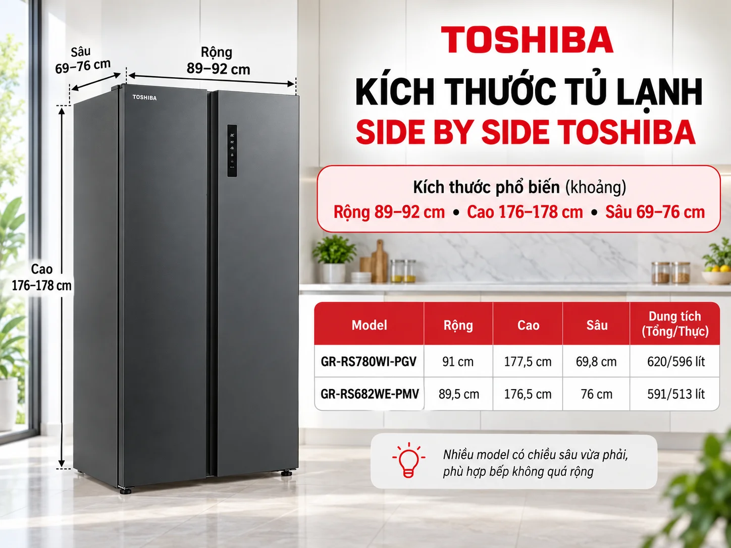 Kích thước tủ lạnh side by side Toshiba GR-RS780WI-PGV với thiết kế hiện đại