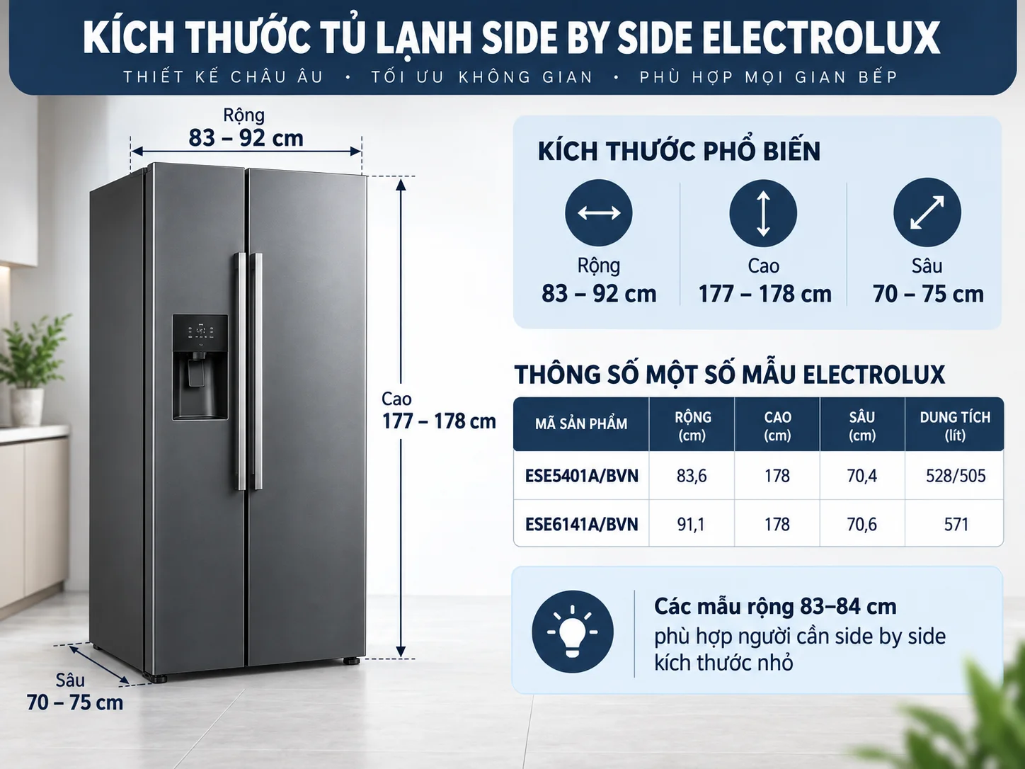 Kích thước tủ lạnh side by side Electrolux ESE6141A phù hợp cho gia đình