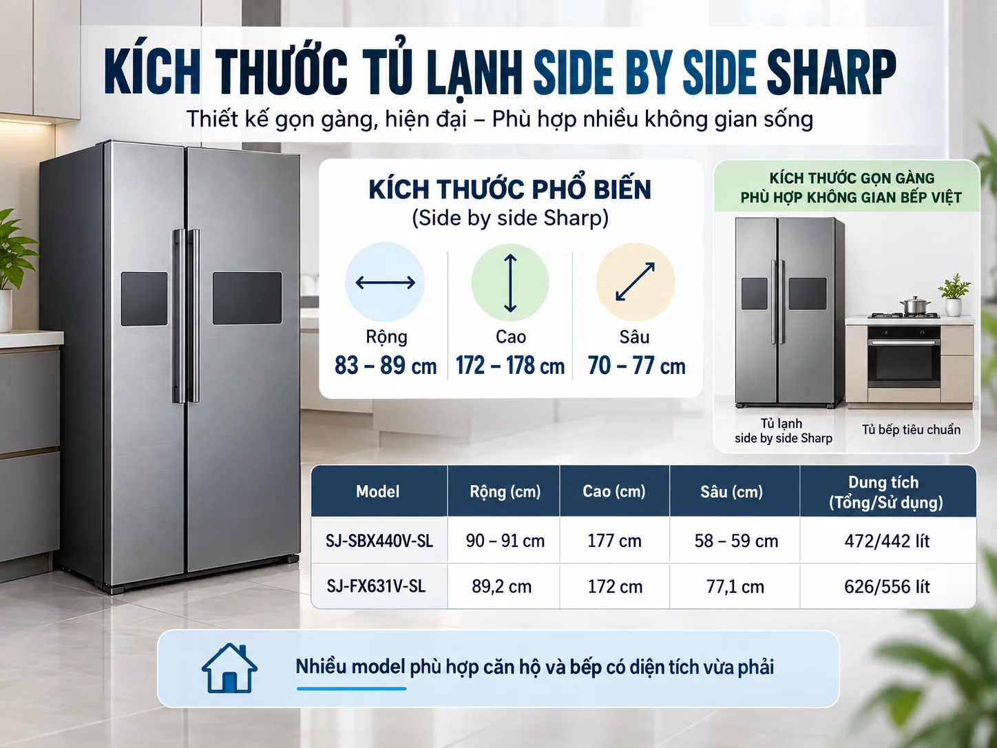 Kích thước tủ lạnh side by side Sharp SJ-SBX440V nhỏ gọn cho bếp hiện đại