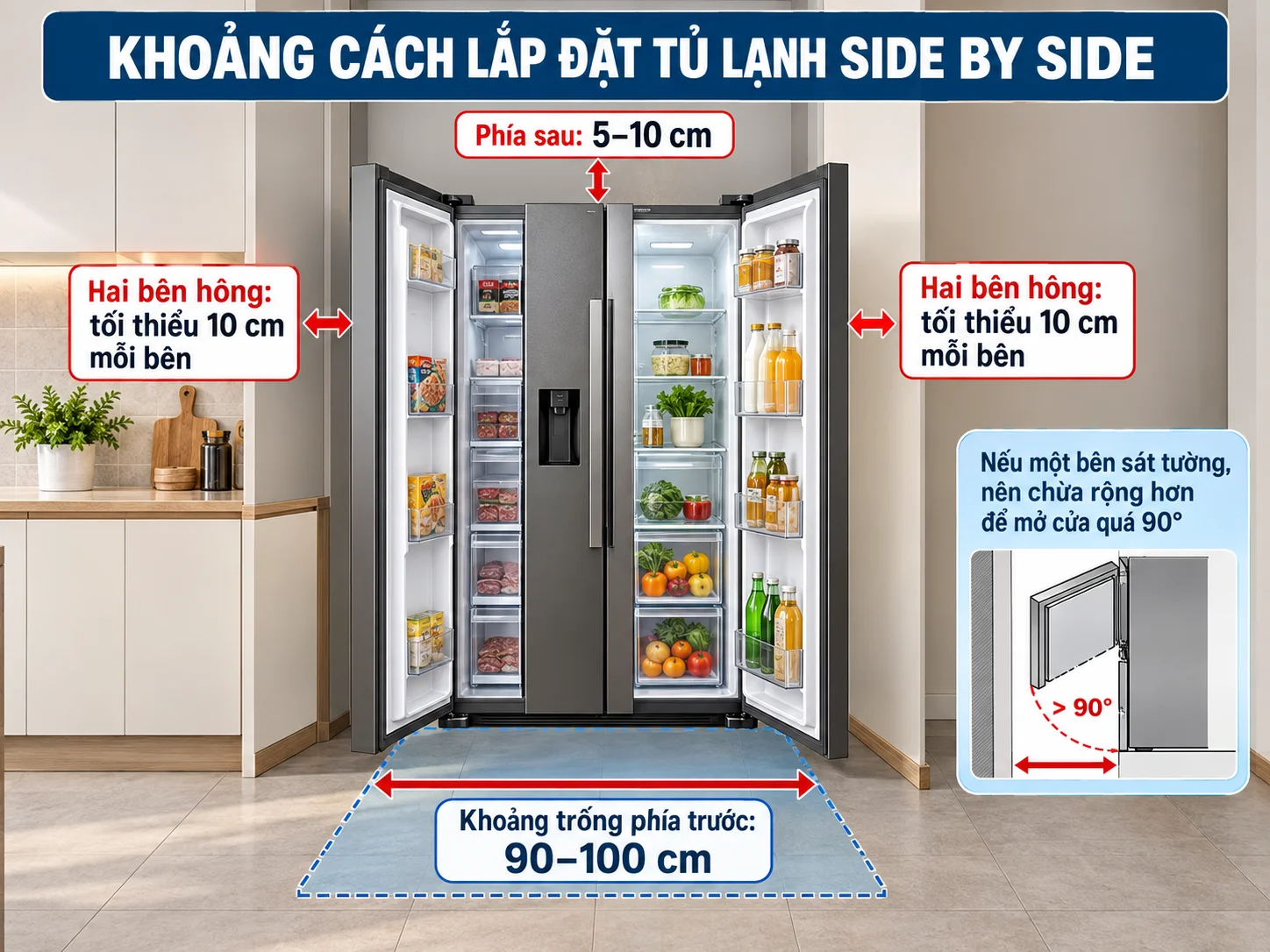 Khoảng cách lắp đặt tủ lạnh side by side tiêu chuẩn giúp tản nhiệt tốt