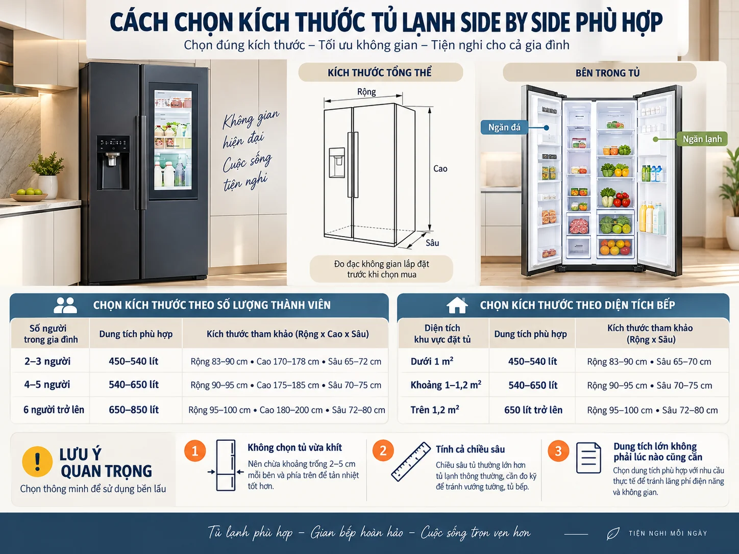 Lưu ý lựa chọn kích thước tủ lạnh side by side phù hợp trước khi mua