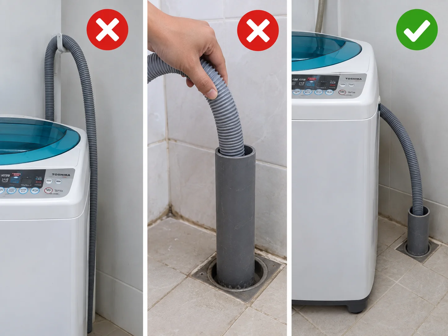 Vị trí đặt ống xả khiến máy giặt Toshiba báo lỗi E1 khi xả nước