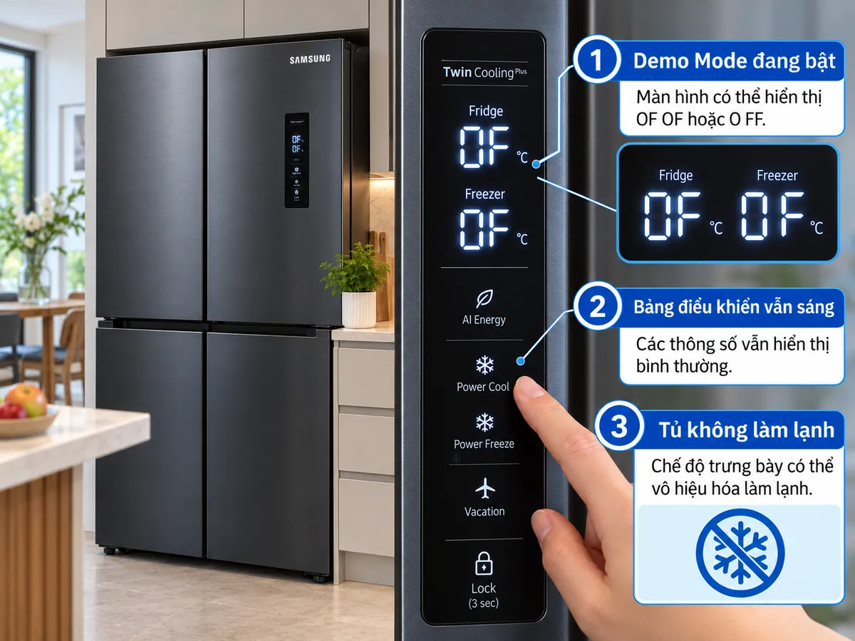 Bảng điều khiển tủ lạnh Samsung bị hỏng hiển thị Demo Mode