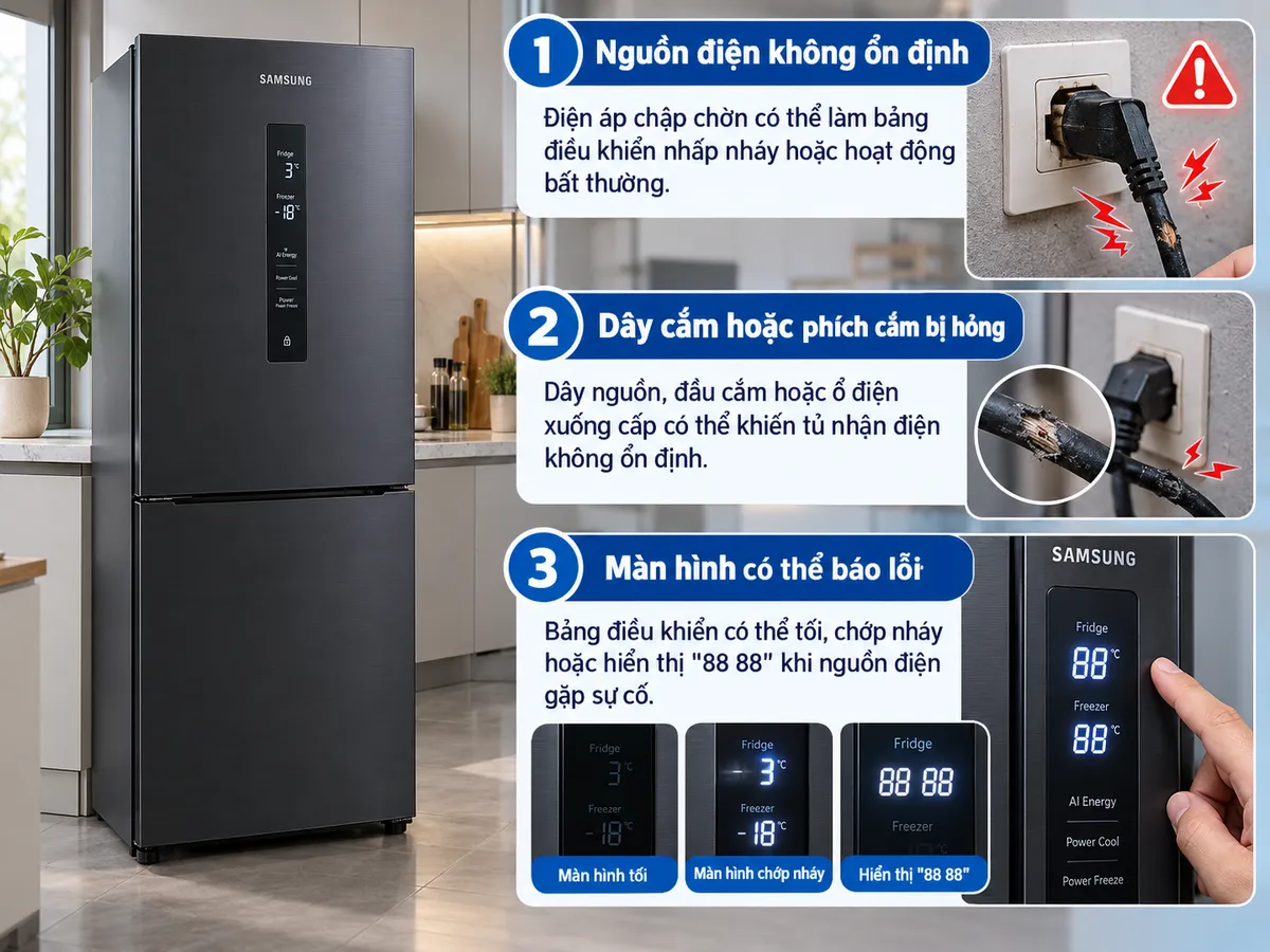 Bảng điều khiển tủ lạnh Samsung bị hỏng do nguồn điện