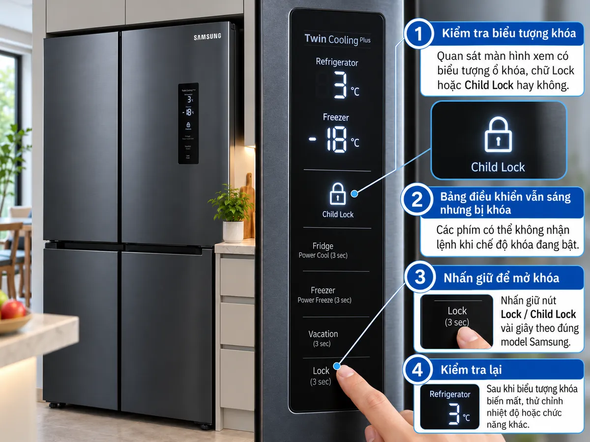 Cách mở khóa bảng điều khiển tủ lạnh Samsung