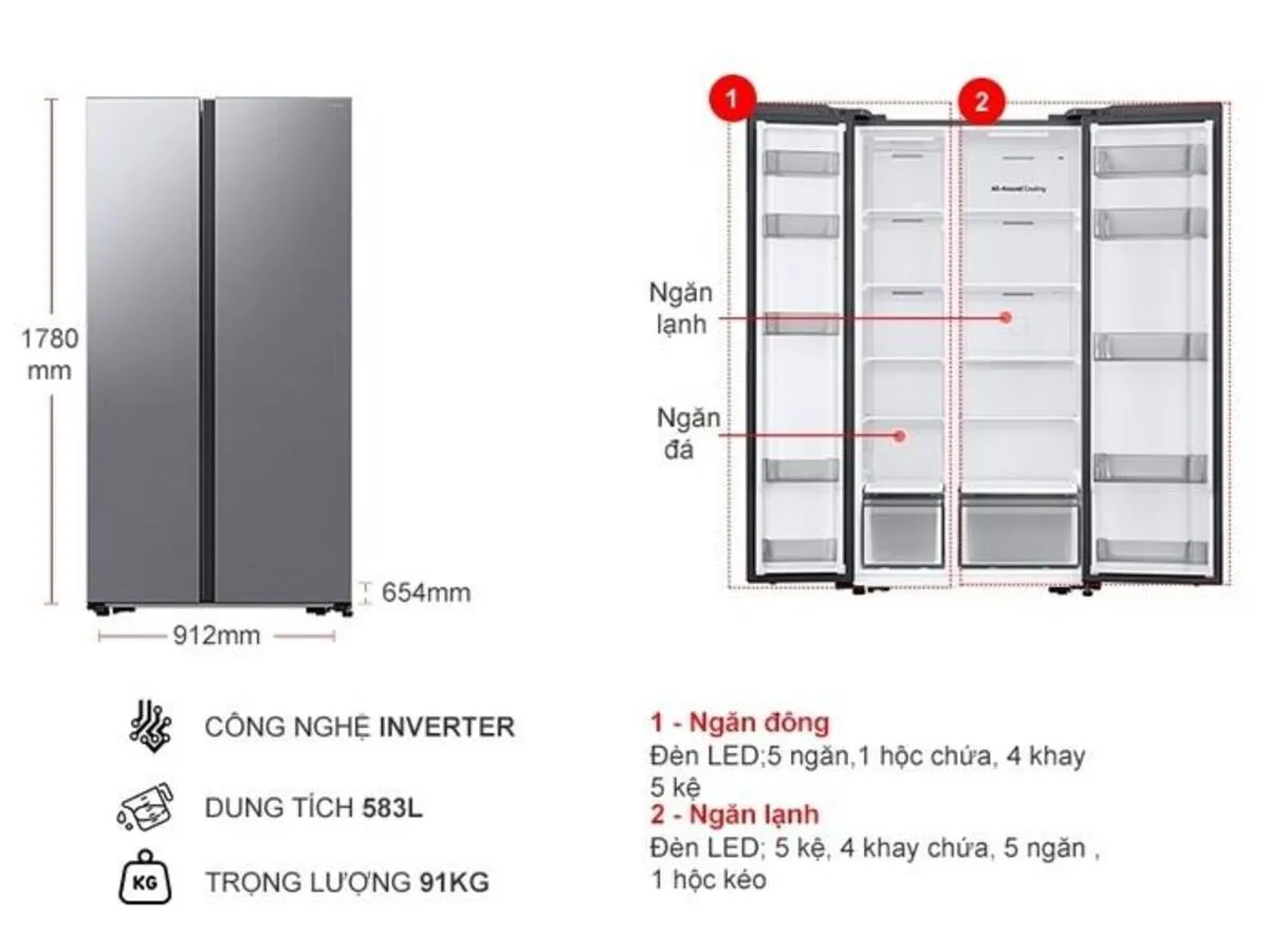 Tổng hợp kích thước tủ lạnh 2 cánh Samsung của 10 mẫu phổ biến Kích thước tủ lạnh Samsung 2 cánh RS57DG400EM9SV