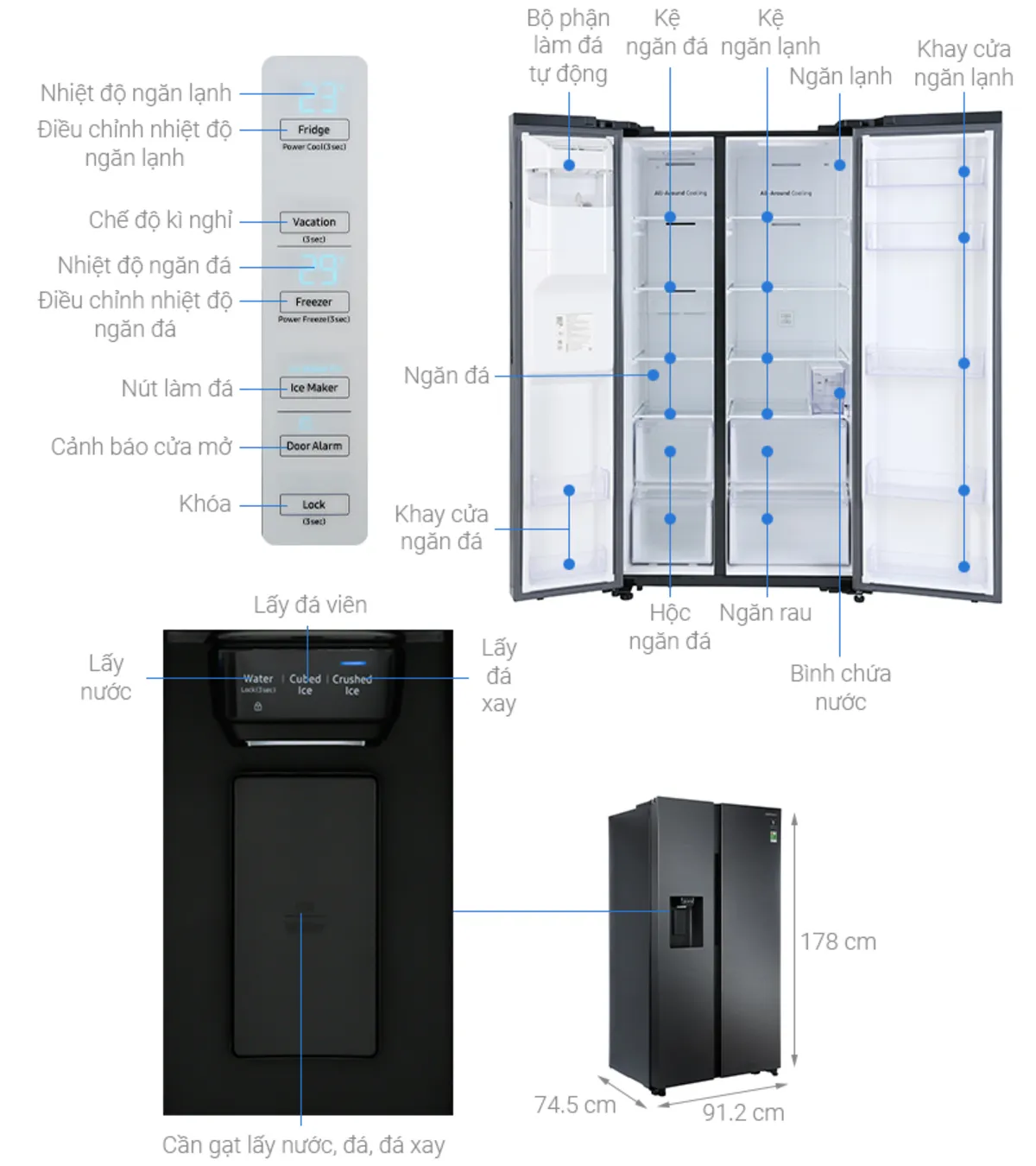 Tổng hợp kích thước tủ lạnh 2 cánh Samsung của 10 mẫu phổ biến Kích thước tủ lạnh Samsung 2 cánh RS64R5301B4