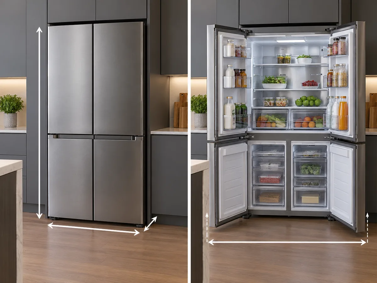 Kích thước của tủ lạnh 4 cánh Electrolux khi đóng cửa và mở cửa 90 độ