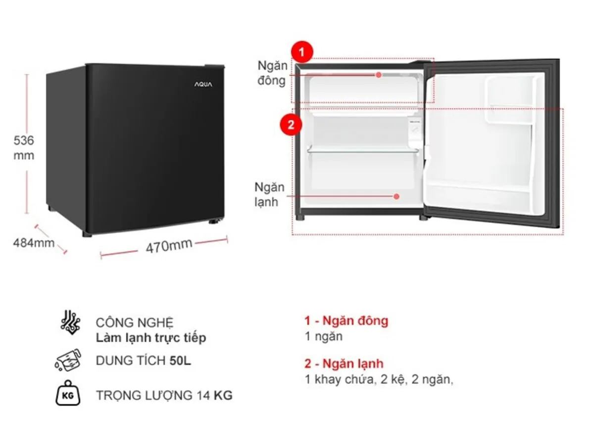 Kích thước tủ lạnh mini Aqua AQR - D60FA(BS) 50L có ngăn đá