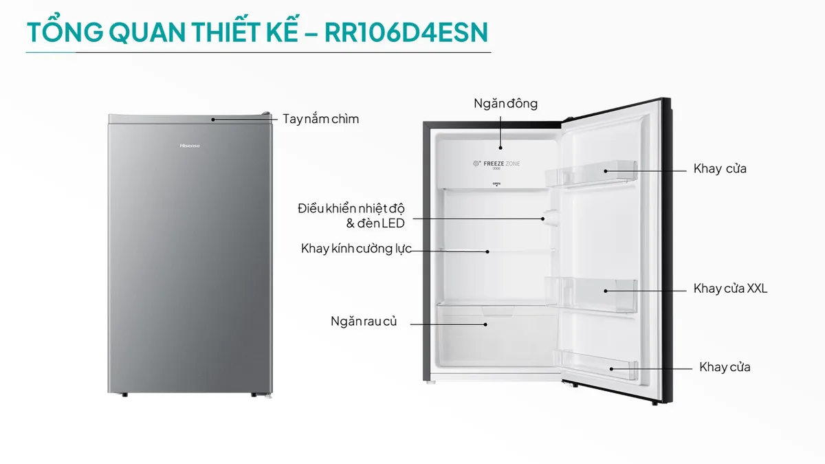 Kích thước tủ lạnh mini Hisense RR106D4ESN 82L có ngăn đông