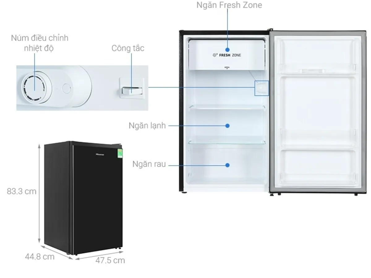 Kích thước tủ lạnh mini Hisense HR09DB 94L thiết kế một cửa