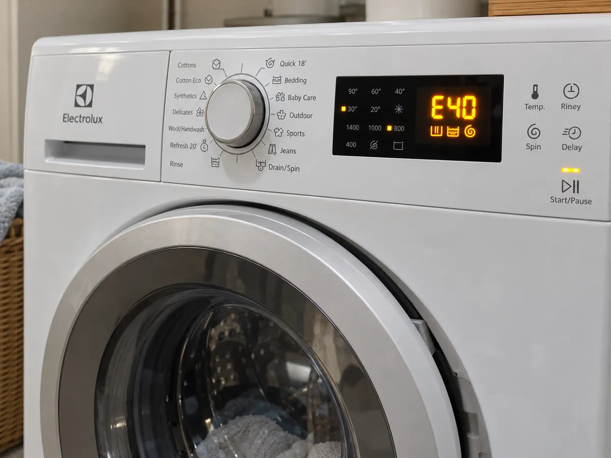 Hướng dẫn xử lý lỗi E40 máy giặt Electrolux ngay tại nhà an toàn Máy giặt Electrolux báo lỗi E40 với mã cảnh báo trên bảng điều khiển