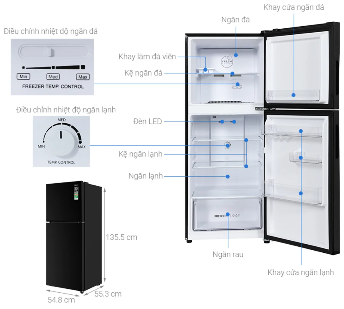 Tủ lạnh rẻ tiết kiệm điện Aqua AQR-T220FA(FB) 189 lít